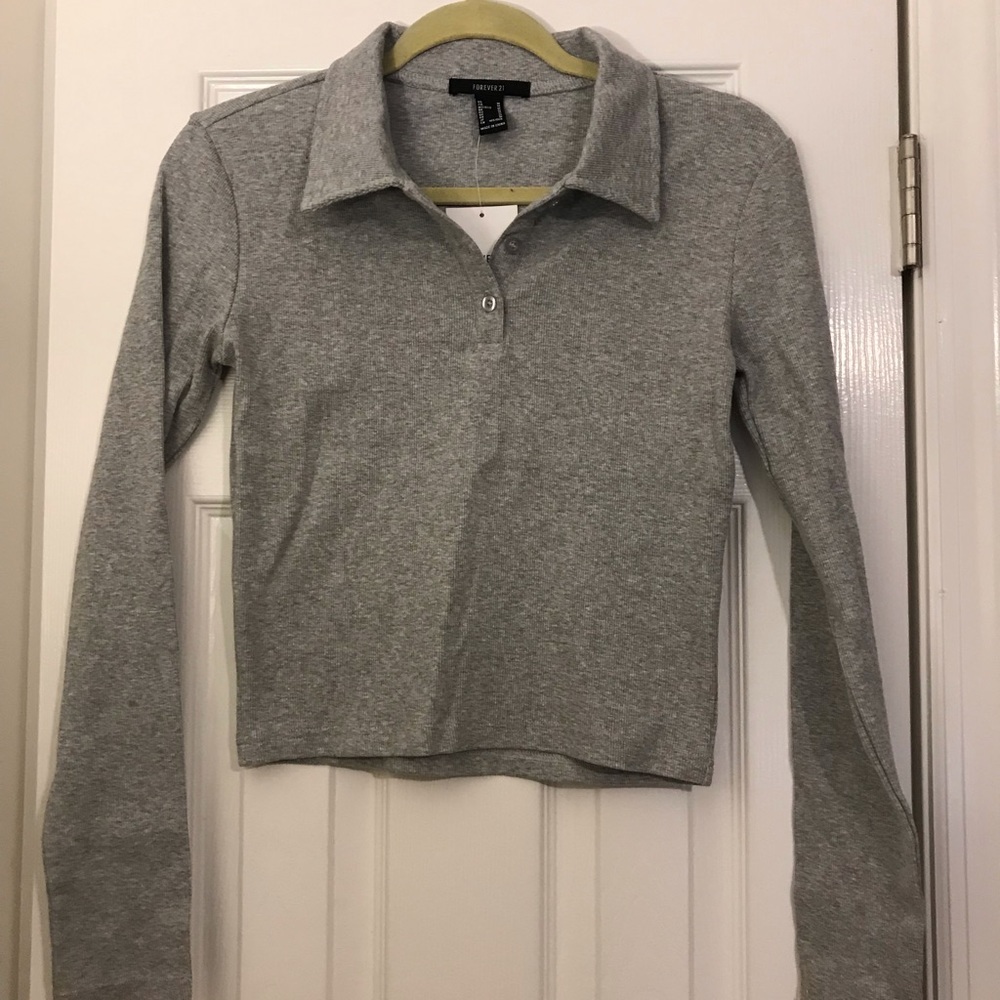 Ribbed long sleeve collared top